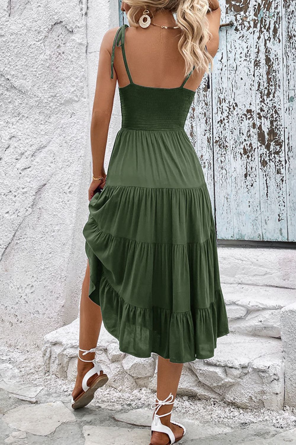 Tie-Shoulder Tiered Midi Dress - Flyclothing LLC