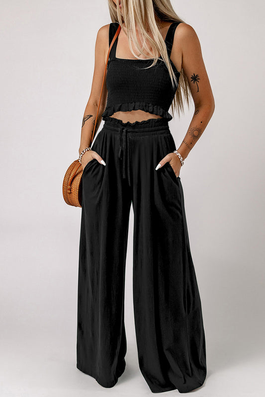 Square Neck Cropped Tank Top and Long Pants Set - Flyclothing LLC