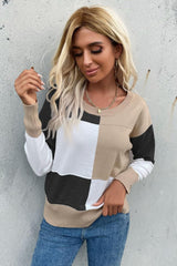 Color Block Ribbed Trim Round Neck Knit Pullover - Trendsi