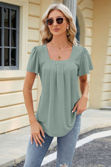 Eyelet Square Neck Short Sleeve T-Shirt - Flyclothing LLC