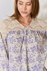 Hailey & Co Full Size Lace Detail Printed Blouse - Flyclothing LLC