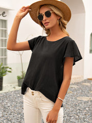 Round Neck Cutout Tie Back Top - Flyclothing LLC