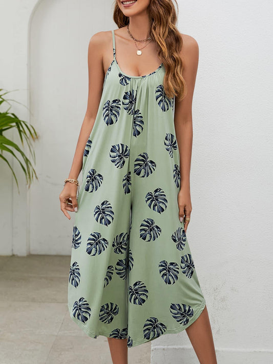 Botanical Print Spaghetti Strap Scoop Neck Jumpsuit - Trendsi