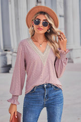 Contrast V-Neck Flounce Sleeve Top - Trendsi