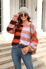 Round Neck Long Sleeve Color Block Dropped Shoulder Pullover Sweater - Flyclothing LLC