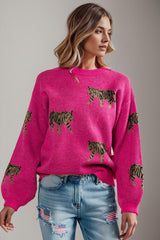 Tiger Pattern Round Neck Drop Shoulder Sweater - Flyclothing LLC