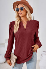 Ruched Notched Long Sleeve T-Shirt - Flyclothing LLC