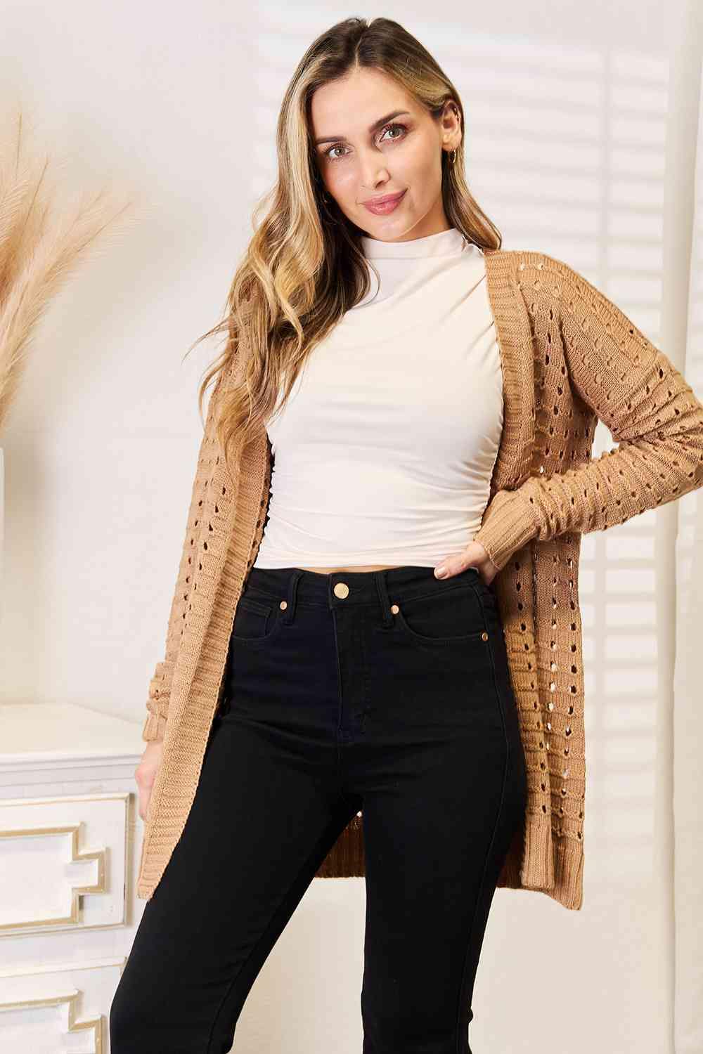 Woven Right Openwork Horizontal Ribbing Open Front Cardigan - Flyclothing LLC