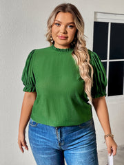 Plus Size Round Neck Flounce Sleeve Blouse - Flyclothing LLC