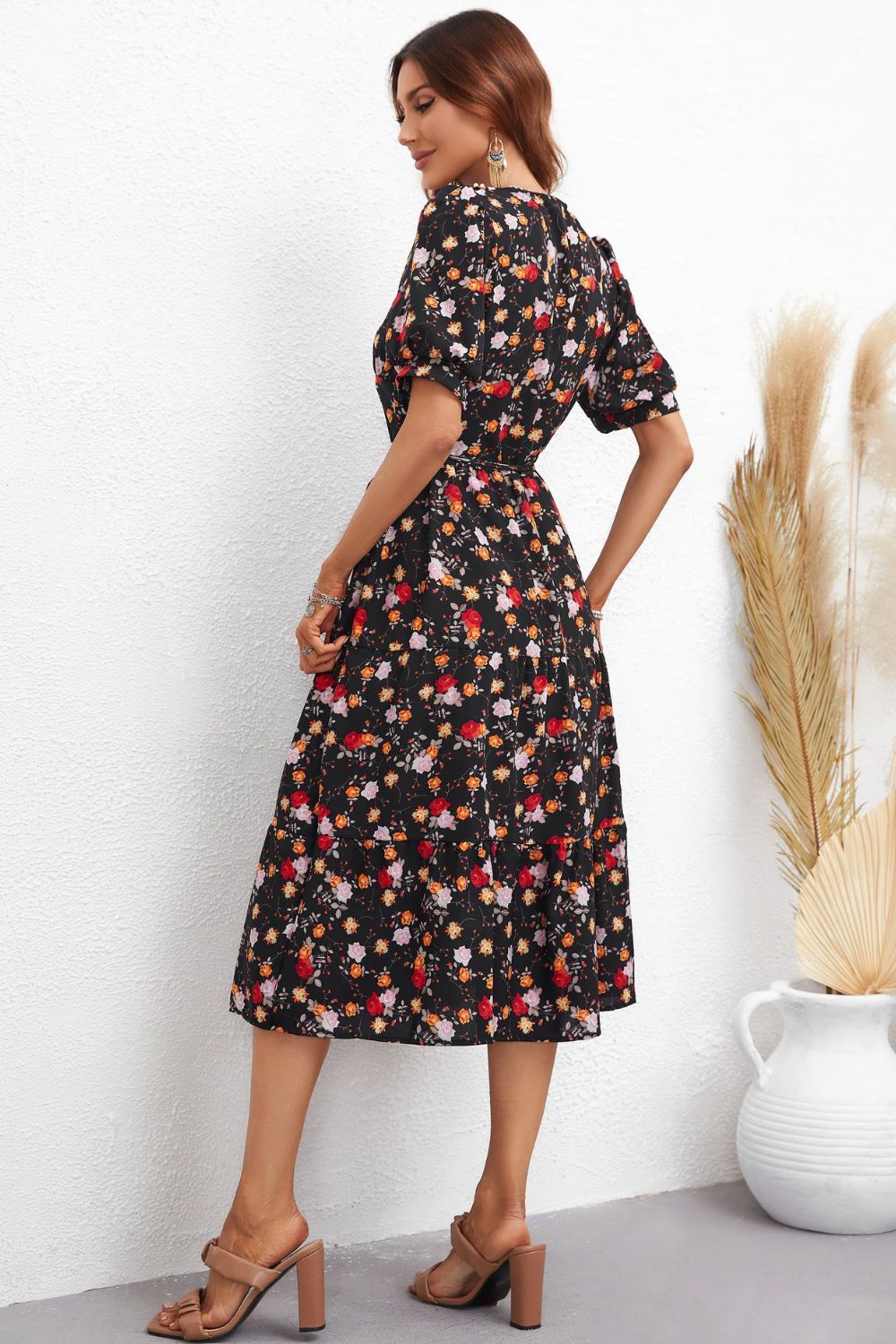 Floral Collared Neck Puff Sleeve Dress - Flyclothing LLC