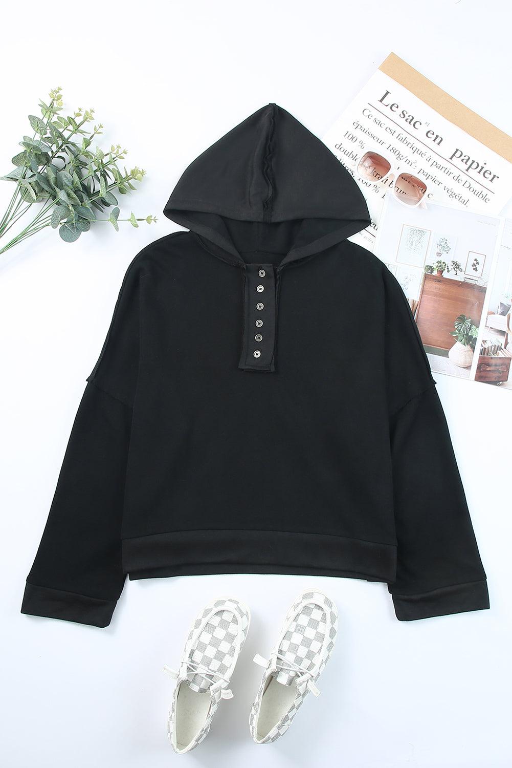 Quarter-Button Exposed Seam Dropped Shoulder Hoodie - Flyclothing LLC