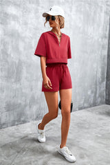 Half Zip Cropped Hooded T-Shirt and Shorts Set - Flyclothing LLC