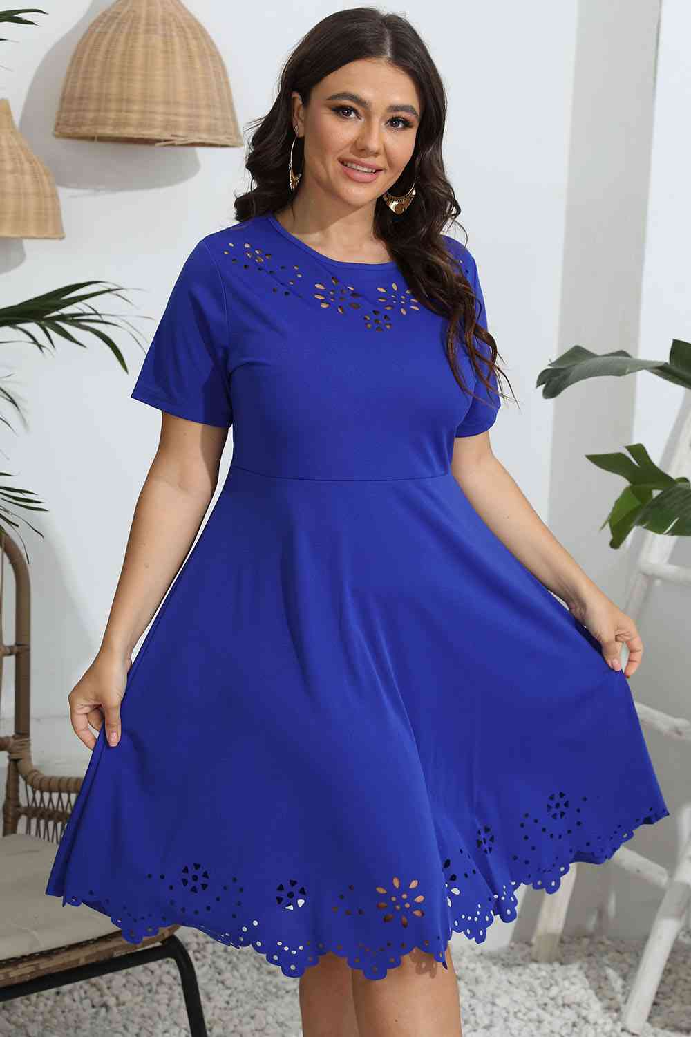 Plus Size Round Neck Openwork Dress - Flyclothing LLC