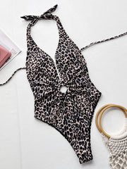 Leopard Halter Neck Ring Detail One-Piece Swimsuit - Flyclothing LLC