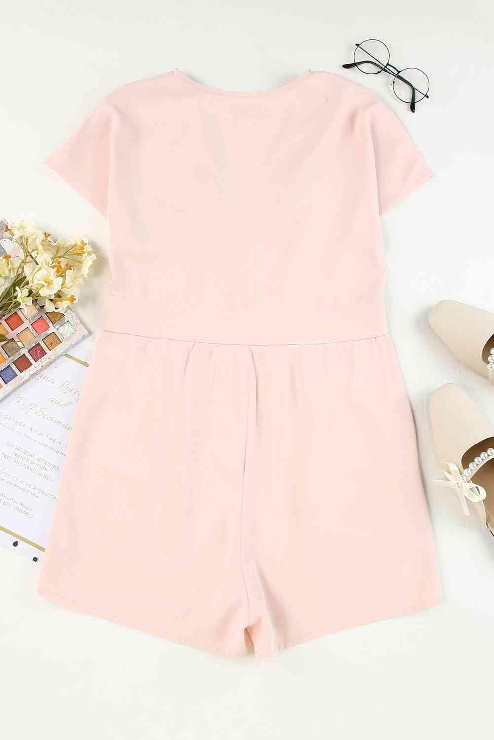 Buttoned V-Neck Short Sleeve Romper - Trendsi