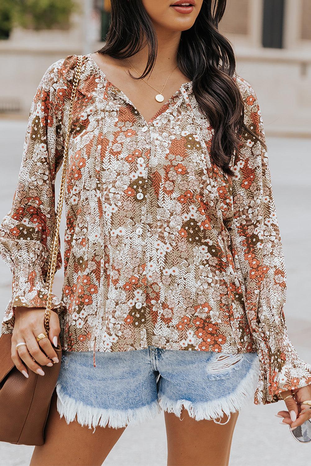 Trendsi Printed Tie Front Flounce Sleeve Blouse