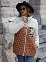 Leopard Color Block Zip-Up Jacket - Flyclothing LLC