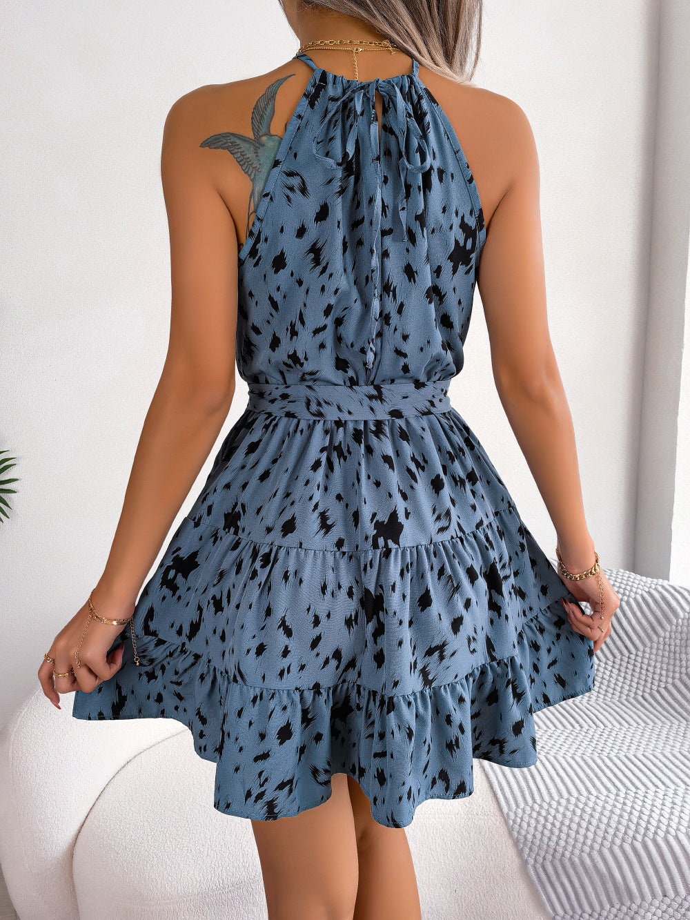 Halter Neck Printed Tie Waist Sleeveless Mini Dress - Flyclothing LLC