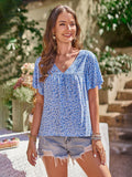 Printed Flutter Sleeve V-Neck Blouse - Flyclothing LLC