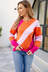 Color Block Ribbed Round Neck Sweater - Trendsi