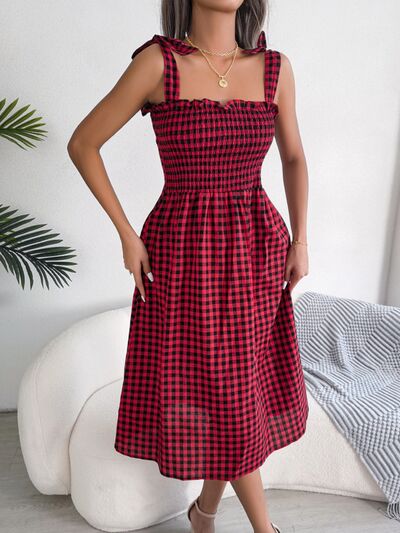 Frill Plaid Square Neck Midi Dress - Flyclothing LLC