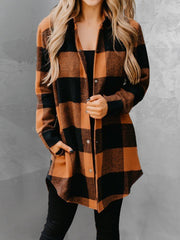 Plaid Snap Down Long Sleeve Jacket - Flyclothing LLC