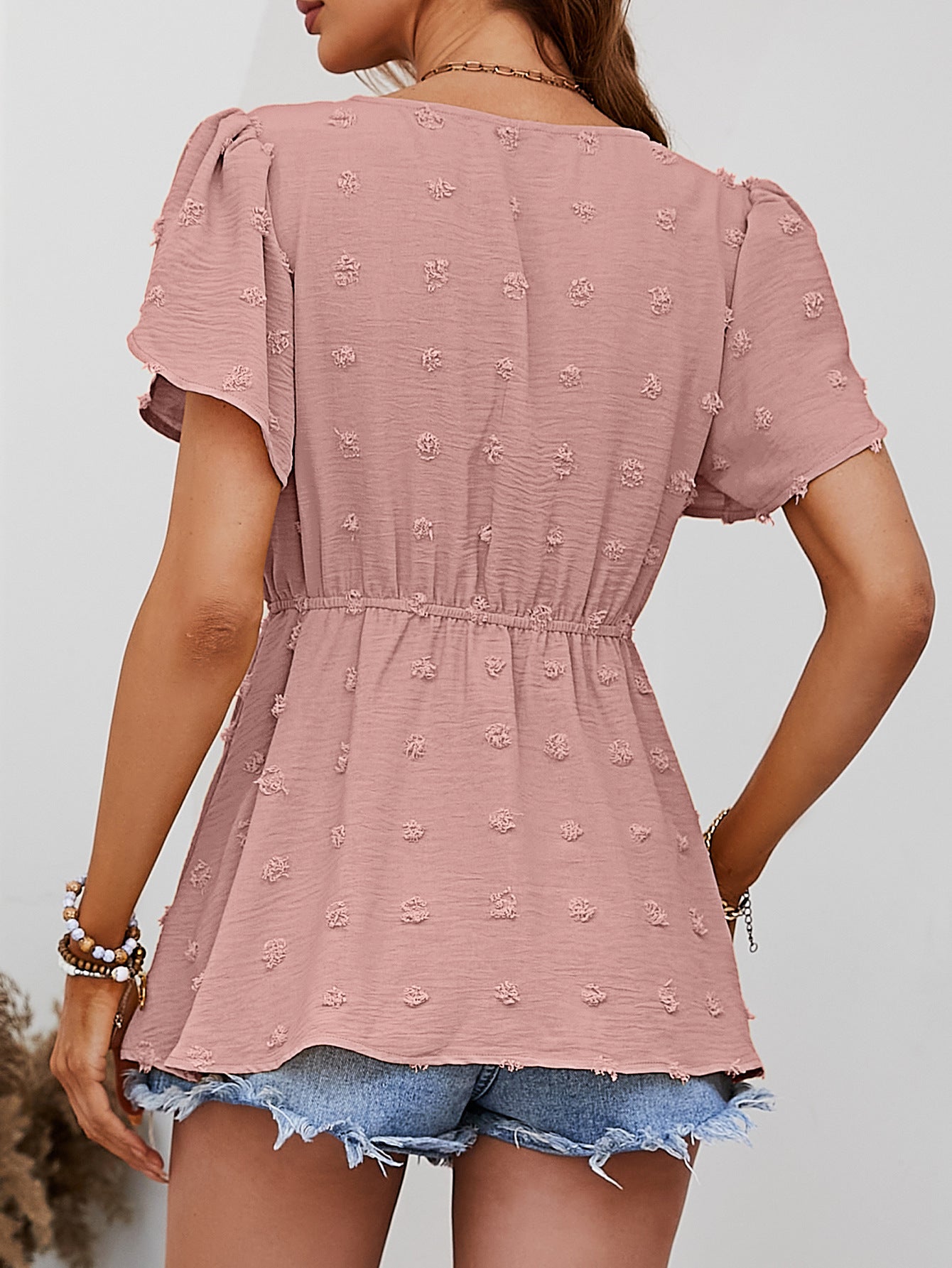 Swiss Dot Buttoned Petal Sleeve Peplum Blouse - Flyclothing LLC