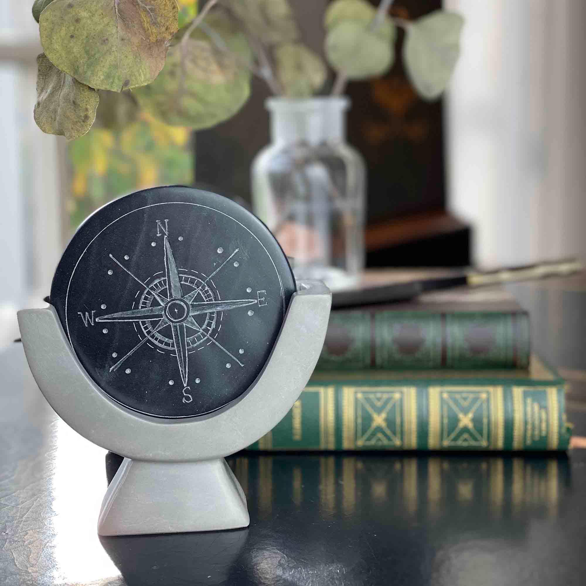 Compass Soapstone Sculpture, Dark Gray Stone - Flyclothing LLC