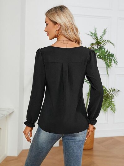 Notched Flounce Sleeve Blouse - Flyclothing LLC