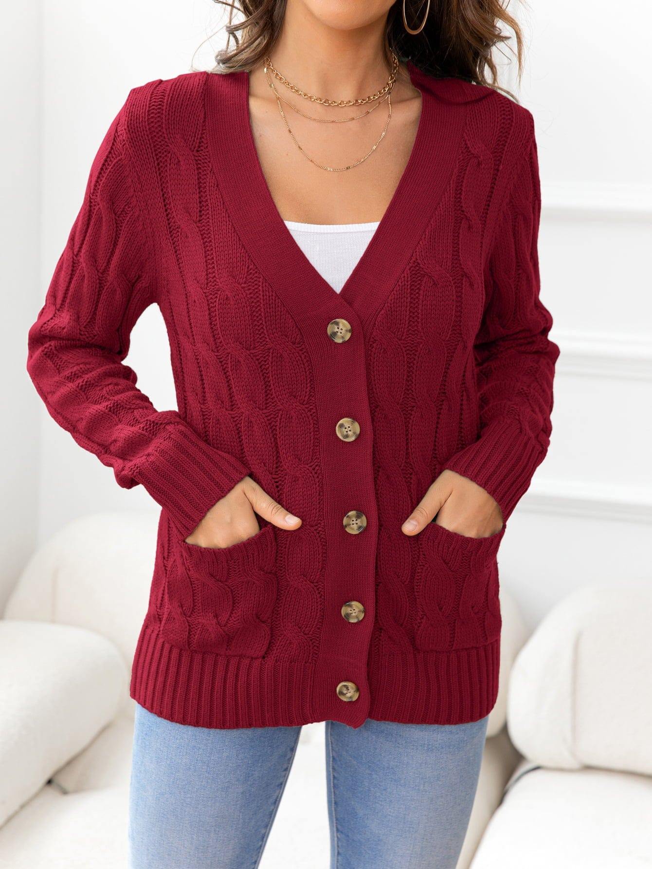 Button Down Cable-Knit Cardigan - Trendsi