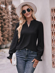 Eyelet Notched Neck Flounce Sleeve Blouse - Trendsi