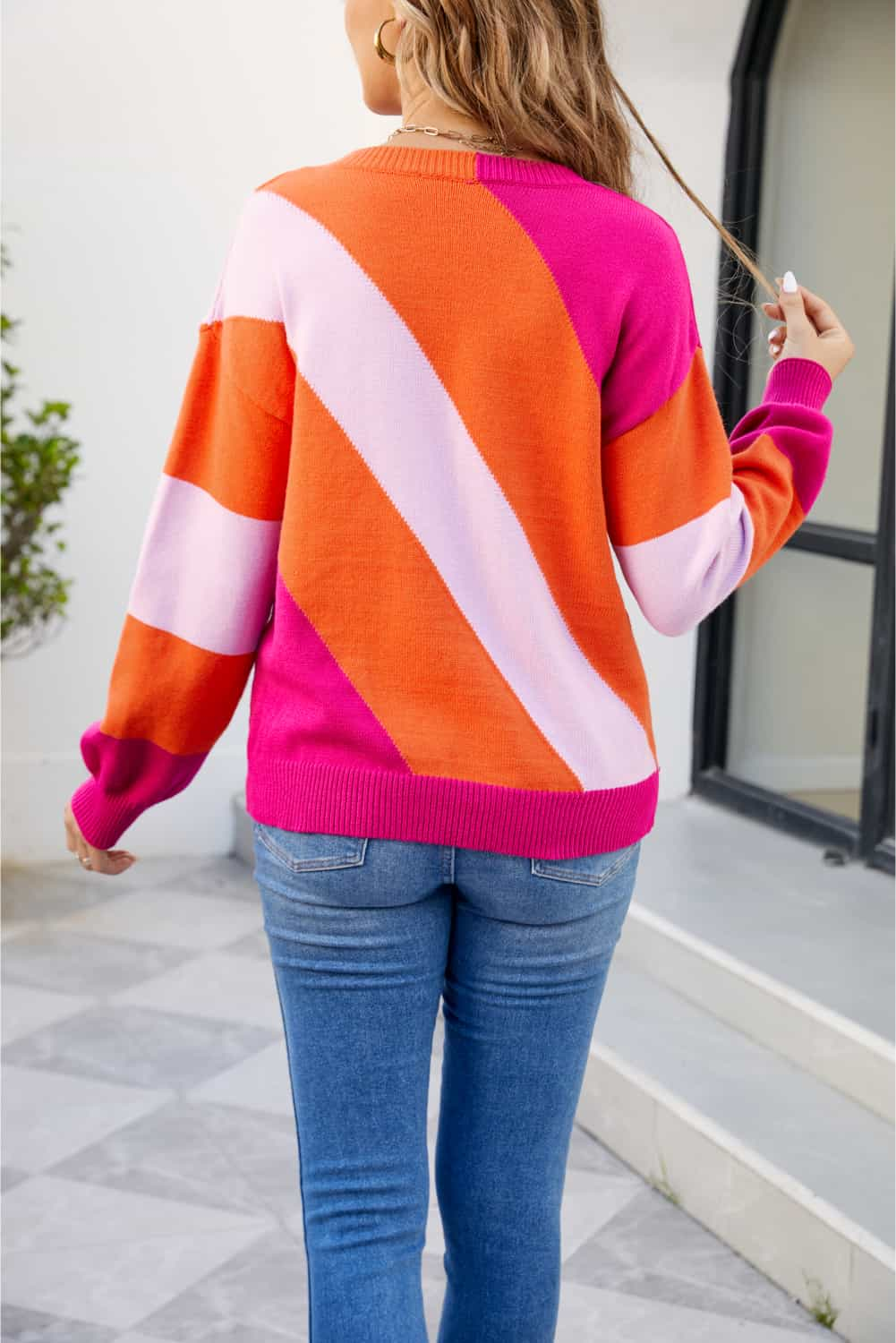 Color Block Ribbed Round Neck Sweater - Trendsi