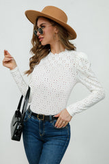 Round Neck Eyelet Long Sleeve Blouse - Flyclothing LLC