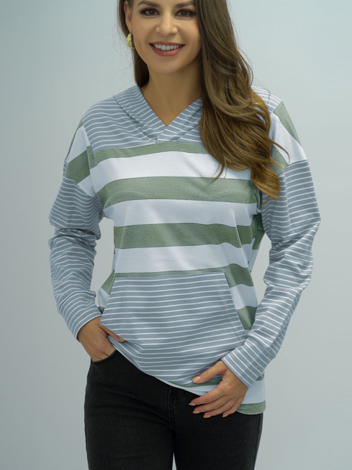 Full Size Striped Long Sleeve Hoodie - Flyclothing LLC