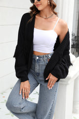 Fringe Trim Open Front Cardigan - Flyclothing LLC