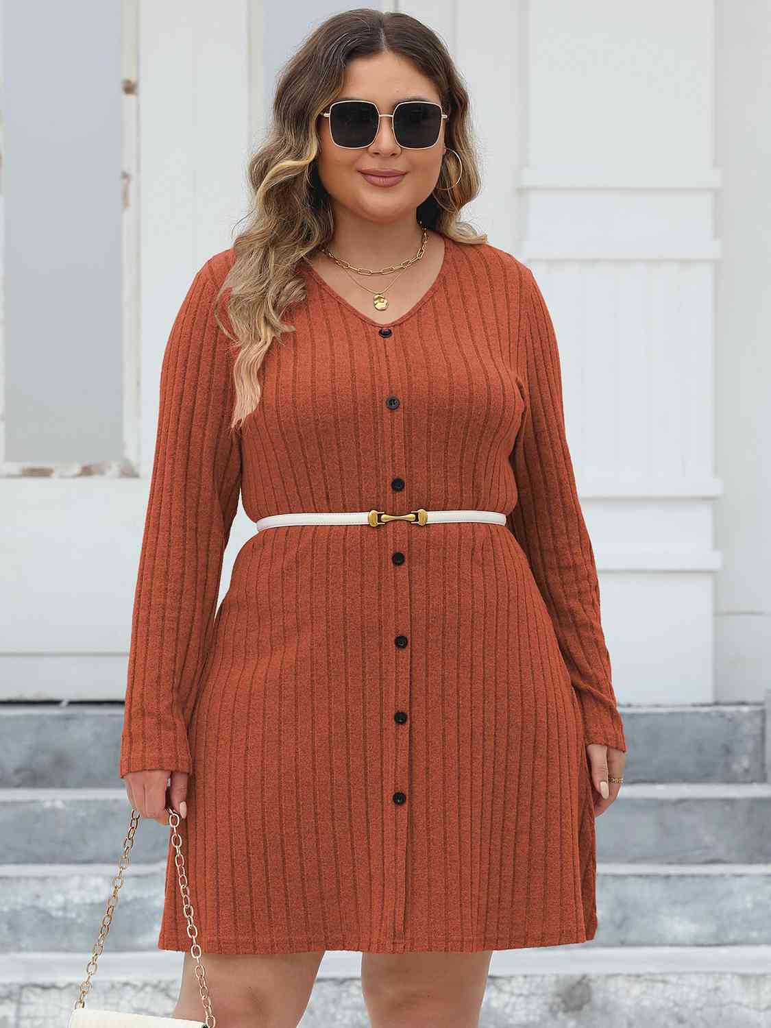 Plus Size Ribbed Buttoned V-Neck Long Sleeve Dress - Flyclothing LLC