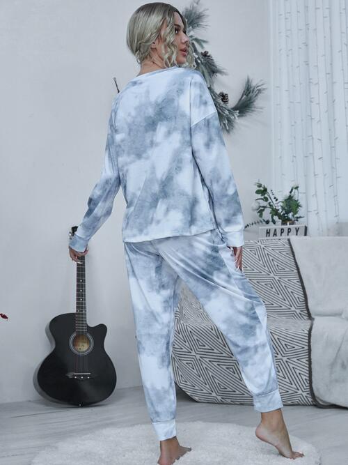 Tie-dye Round Neck Top and Drawstring Pants Lounge Set - Flyclothing LLC