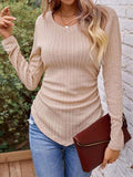 Textured Ruched V-Neck Long Sleeve T-Shirt - Trendsi