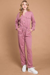 Culture Code Full Size Button Up Drawstring Waist Straight Jumpsuit - Flyclothing LLC