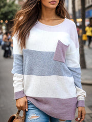 Striped Round Neck Sweater with Pocket - Flyclothing LLC