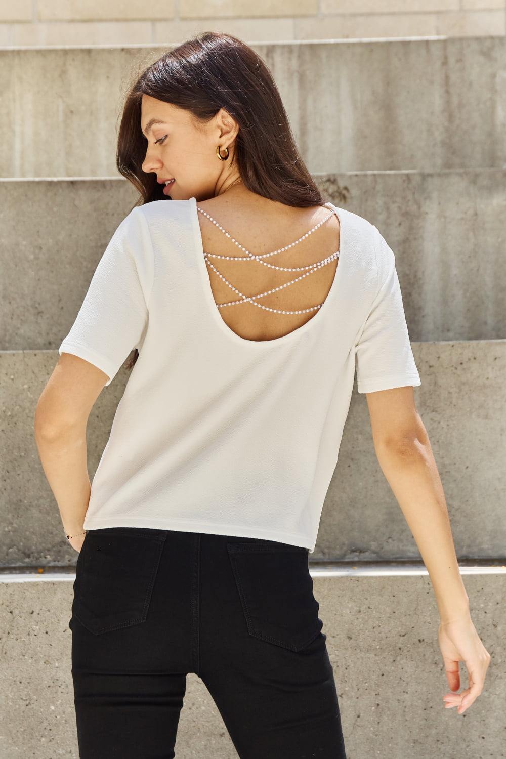 And The Why Pearly White Full Size Criss Cross Pearl Detail Open Back T-Shirt - Flyclothing LLC