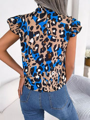 Leopard Tie Neck Cap Sleeve Blouse - Flyclothing LLC