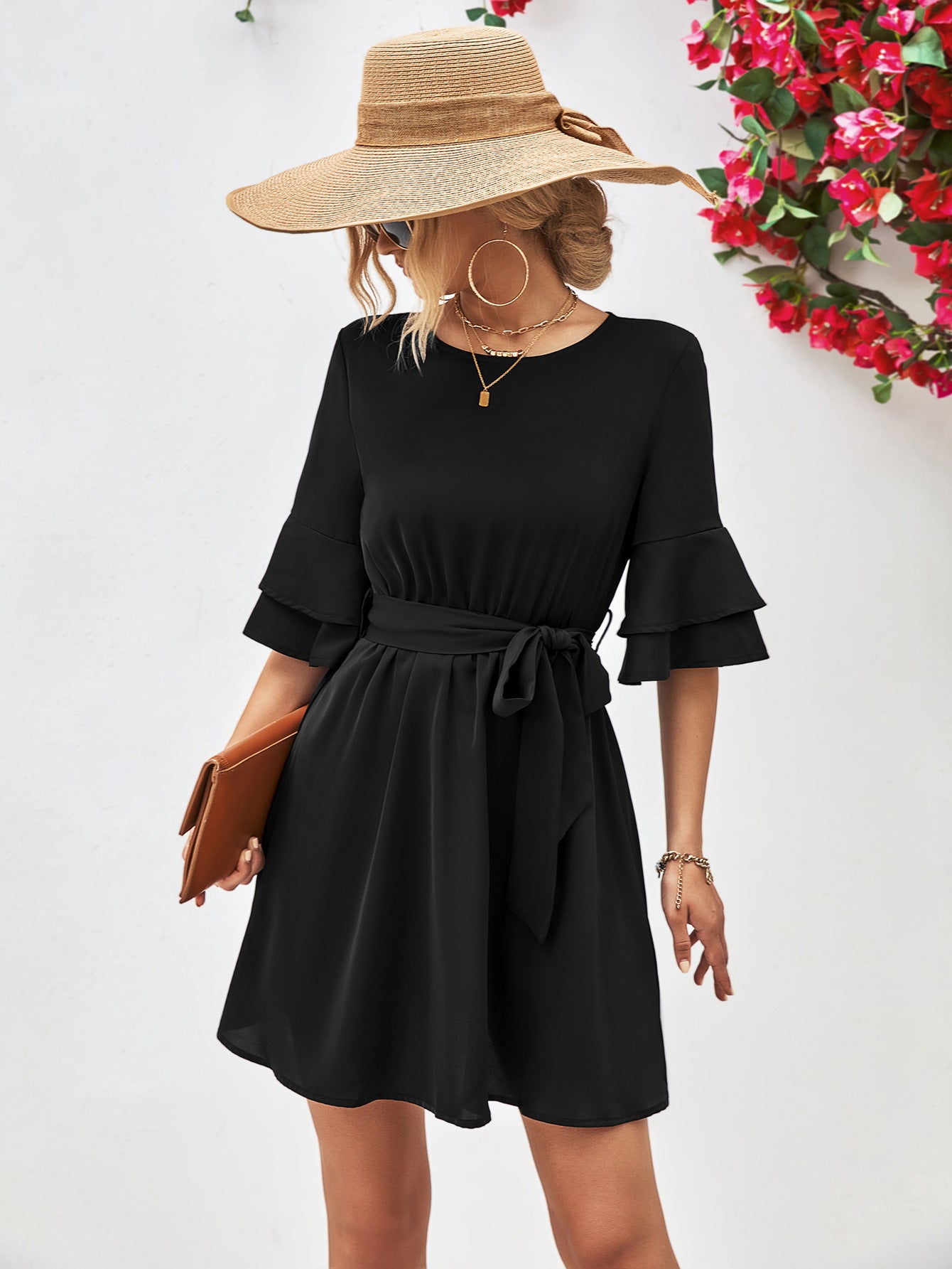 Round Neck Tie Belt Flounce Sleeve Dress - Flyclothing LLC