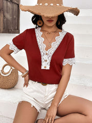 Lace Detail V-Neck Short Sleeve T-Shirt - Flyclothing LLC