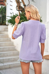 Openwork Round Neck Short Sleeve Blouse - Flyclothing LLC