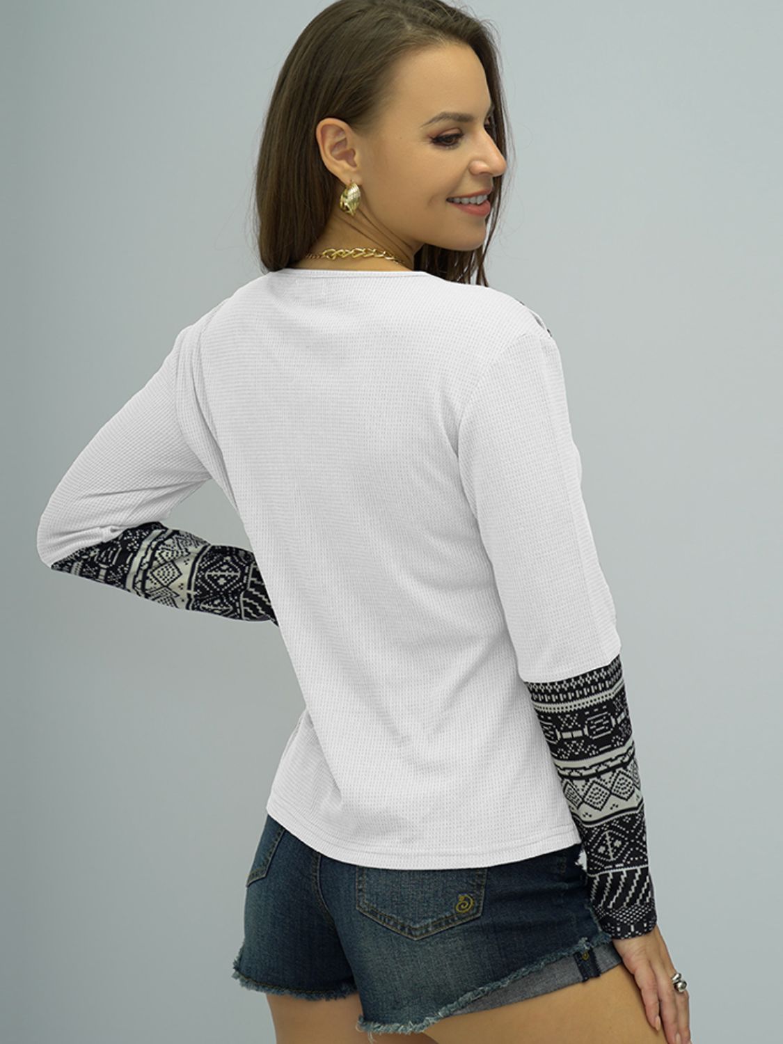 Printed Round Neck Buttoned Shoulder Tee - Flyclothing LLC