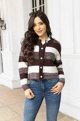 Striped Button Up Long Sleeve Cardigan - Flyclothing LLC