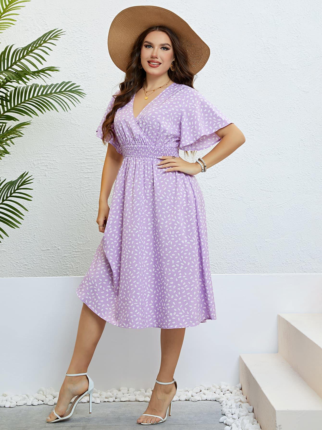 Plus Size Printed Smocked Waist Surplice Dress - Flyclothing LLC