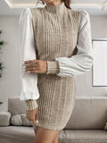 Ribbed Contrast Long Sleeve Sweater Dress - Flyclothing LLC