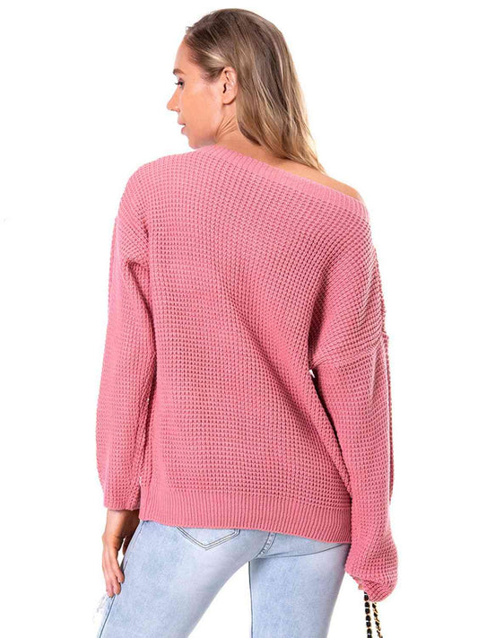 Boat Neck Drop Shoulder Long Sleeve Sweater - Flyclothing LLC